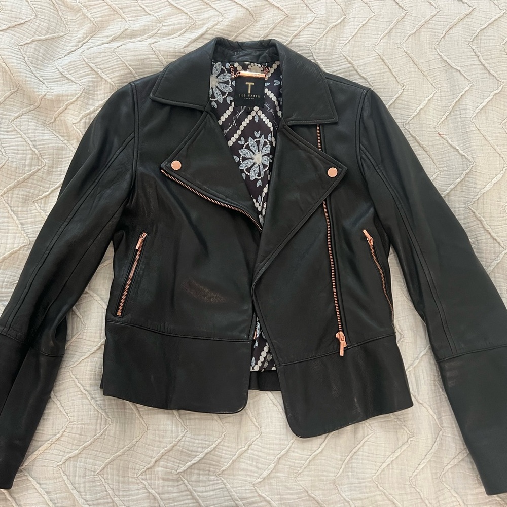 Ted Baker Black Leather Jacket with Rose Gold Accents
